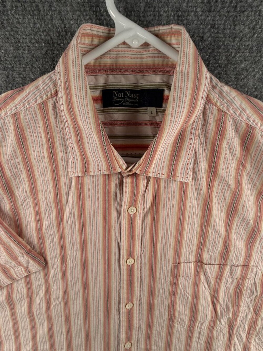 Nat Nast Button Up Shirt Men Short Sleeve Hawaii Striped Orange Large Cotton